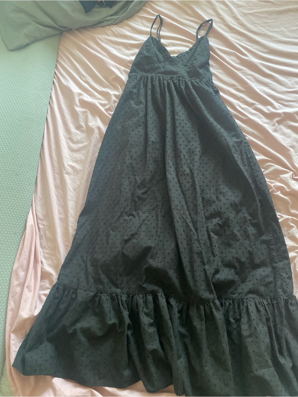 Sweetheart Neckline Black Swiss Dot Maxi Dress with Ruffle Hem - New With Tags